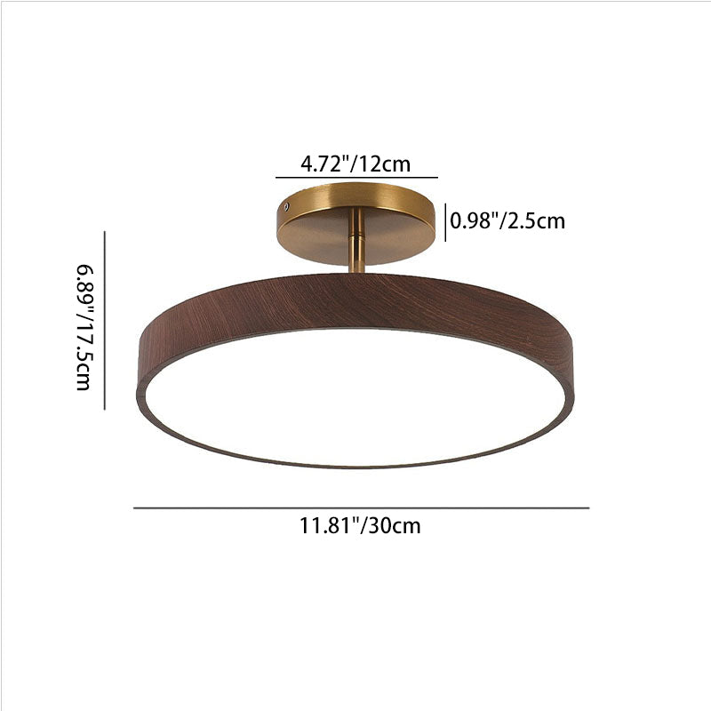 Elegant Japanese Wabi-Sabi Minimalist Wood-Grain Round LED Semi-Flush Mount Ceiling Light