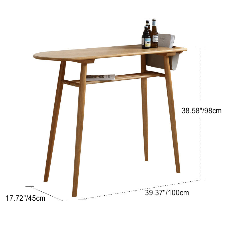Contemporary Scandinavian Long Oval Wood Bar Table with 2-Tier Shelves for Dining Room