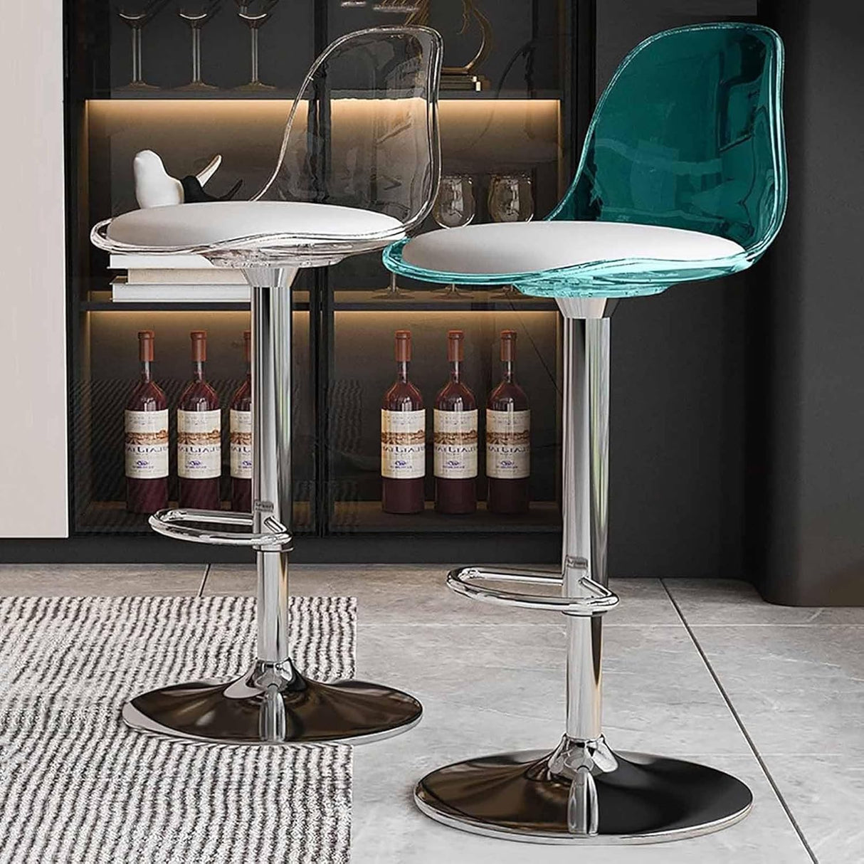 Contemporary Scandinavian Curved Acrylic Bar Stool with Metal Base — Adjustable Swivel, Backrest and Footrest for Kitchen