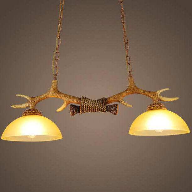 Vintage Resin Antler Chandelier with Glass Bowl Shade – 2-Light Fixture