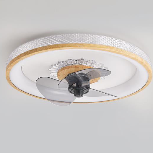 Nordic Minimalist Round LED Flush-Mount Ceiling Fan Light with Wood-Grain Acrylic Finish