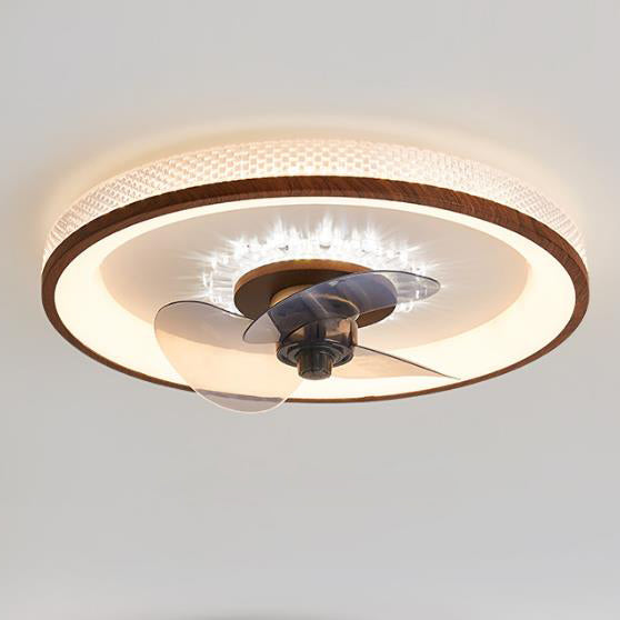 Nordic Minimalist Round LED Flush-Mount Ceiling Fan Light with Wood-Grain Acrylic Finish