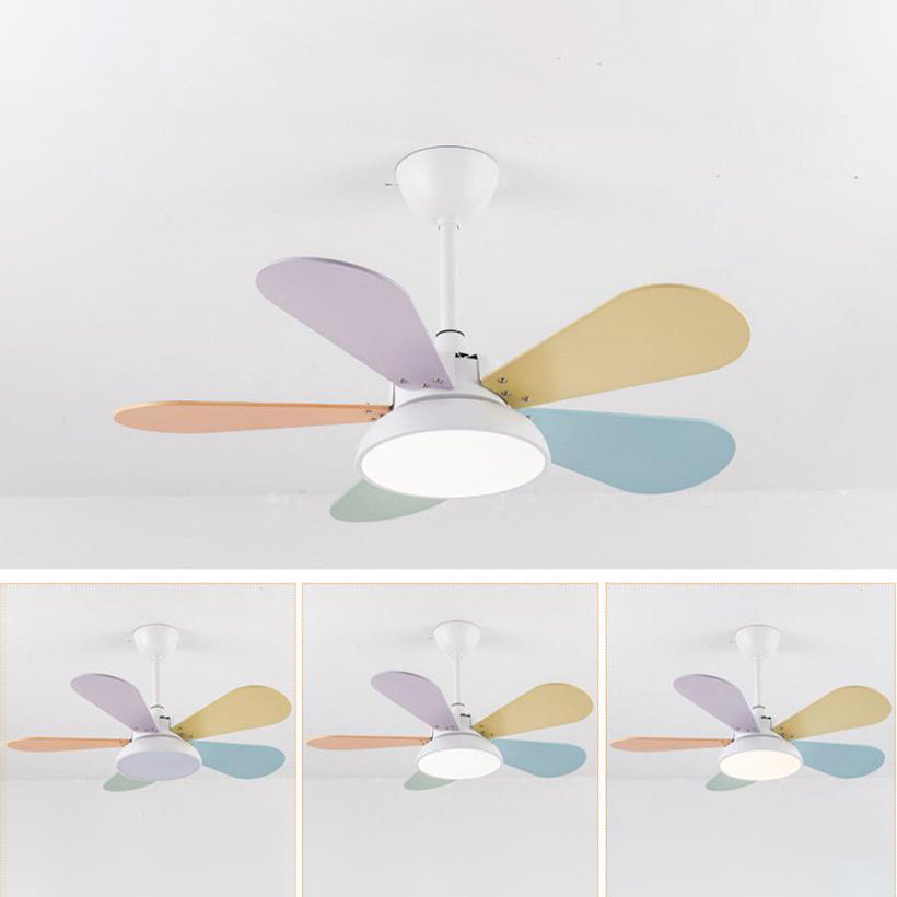 Simple Colorful Round Leaf Ceiling Fan for Kids with Light and Downrod