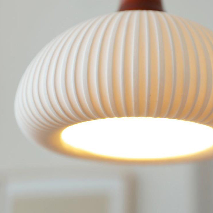 Elegant Japanese Vintage Pleated Ceramic Round Dome Wood 1-Light Pendant Lamp