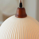 Elegant Japanese Vintage Pleated Ceramic Round Dome Wood 1-Light Pendant Lamp