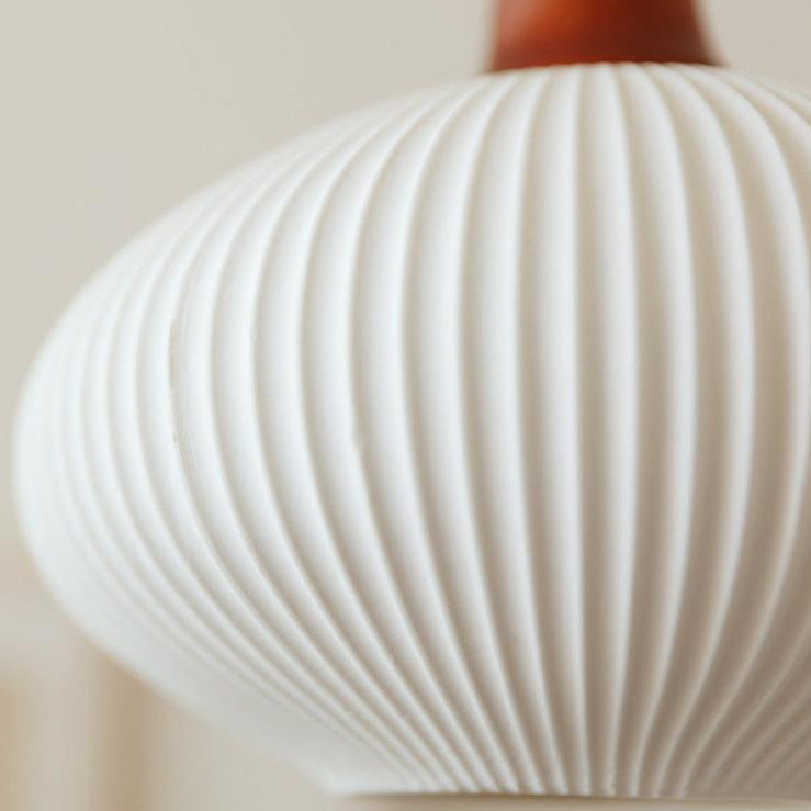 Elegant Japanese Vintage Pleated Ceramic Round Dome Wood 1-Light Pendant Lamp