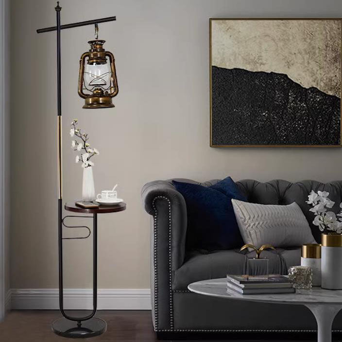European Vintage Simple Lantern Floor Lamp with Marble Tabletop - Iron & Wood, 1-Light