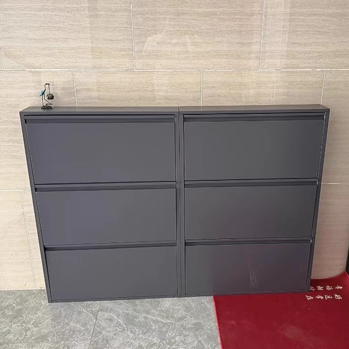 Modern Minimalist Steel Slim Rectangular Shoe Storage with Flip Drawers — 3/4-Tier Entryway Organizer