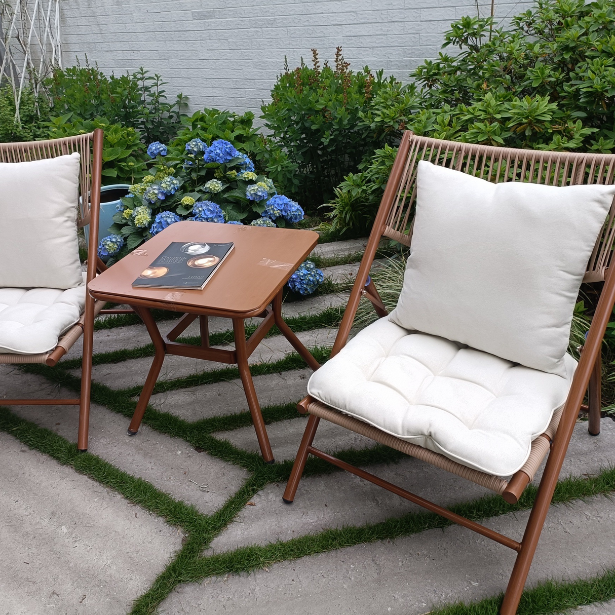 Traditional Chinese Style Square Carbon Steel Table & Chair Set with Tempered Glass Top and PE Rattan, Foldable Backrest for Outdoor Patio