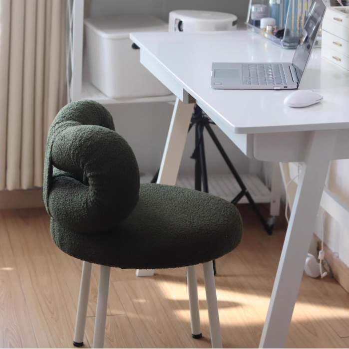 Contemporary Bow-Knot Lambswool Vanity Stool with Iron Frame, Backrest, Armless for Bedroom