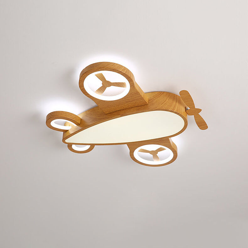Whimsical Cartoon Aircraft LED Kids' Ceiling Light with Wood Grain Finish — Flush Mount