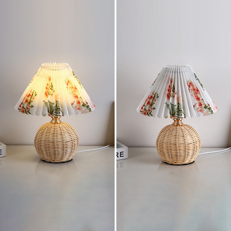 Chic Nordic Rattan Fabric Pleated Conic Ball LED Table Lamp for Bedroom - Modern Ambient Lighting
