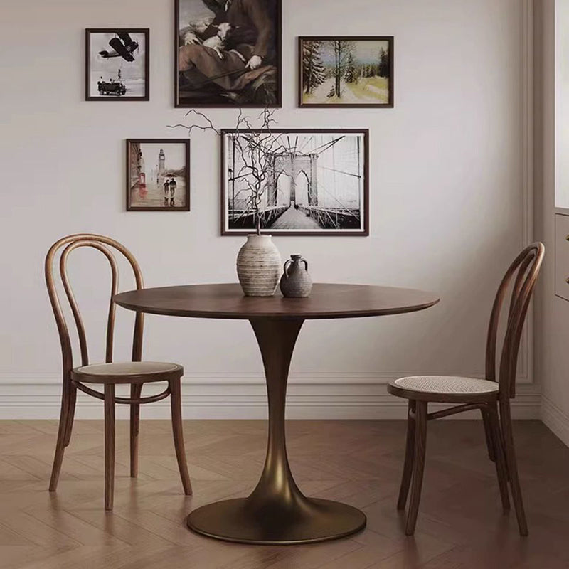 Chic Contemporary Retro Round Walnut & Copper Rattan Dining Table with 2 Chairs