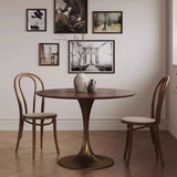 Chic Contemporary Retro Round Walnut & Copper Rattan Dining Table with 2 Chairs