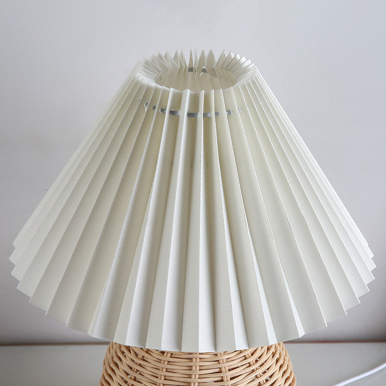 Chic Nordic Rattan Fabric Pleated Conic Ball LED Table Lamp for Bedroom - Modern Ambient Lighting