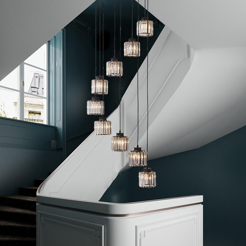 Sleek Modern Prismatic Crystal Cylinder Stairway Chandeliers – 6-Light