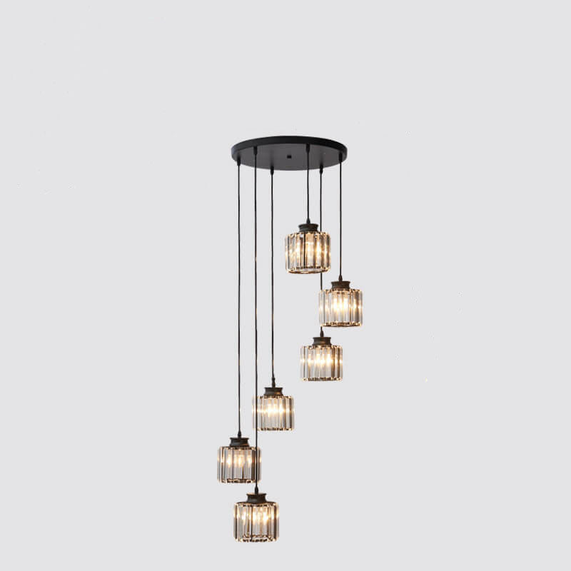 Sleek Modern Prismatic Crystal Cylinder Stairway Chandeliers – 6-Light