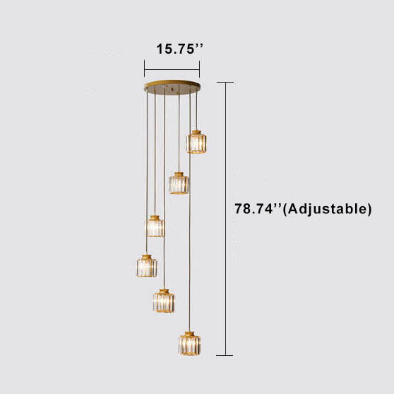 Sleek Modern Prismatic Crystal Cylinder Stairway Chandeliers – 6-Light