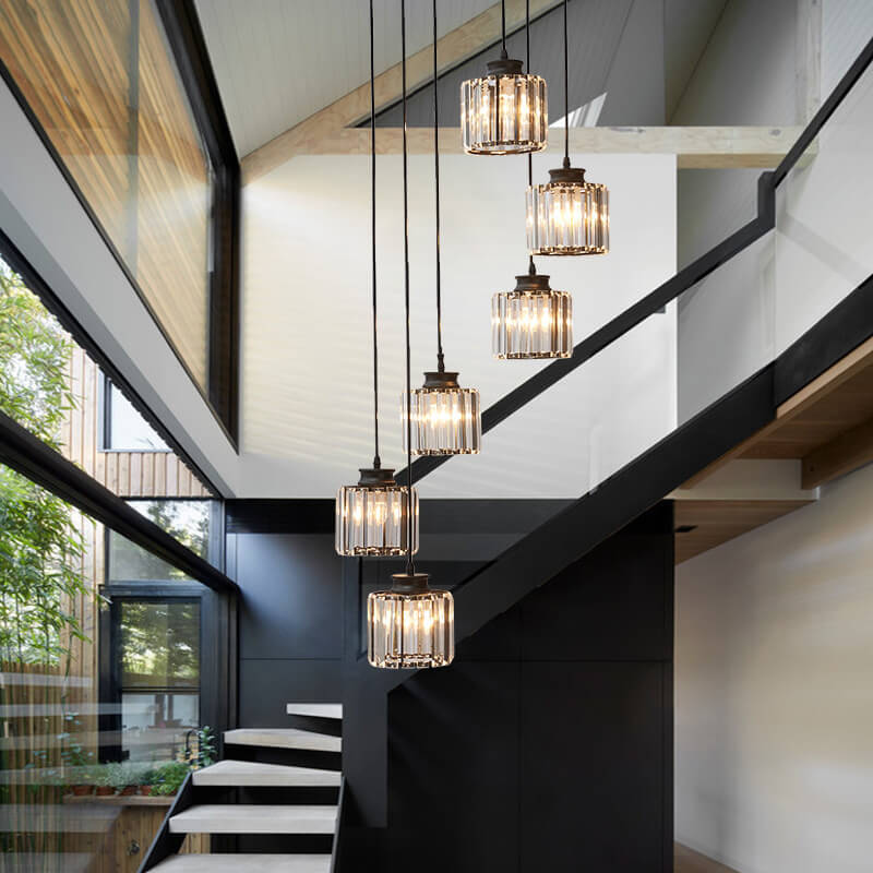 Sleek Modern Prismatic Crystal Cylinder Stairway Chandeliers – 6-Light
