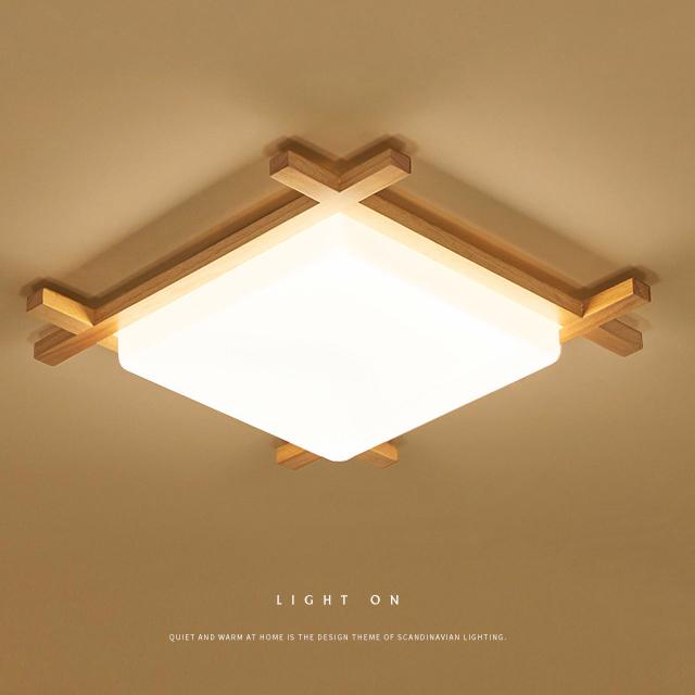Modern Solid Wood Square LED Flush-Mount Ceiling Light – Tatami-Style Japanese Design