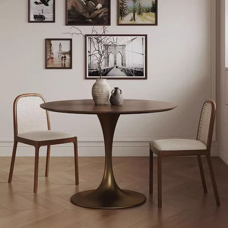Chic Contemporary Retro Round Walnut & Copper Rattan Dining Table with 2 Chairs