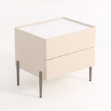 Contemporary Scandinavian 2-Drawer Nightstand in Cream White with Stone Slab Top – Square Bedside Table for Bedroom