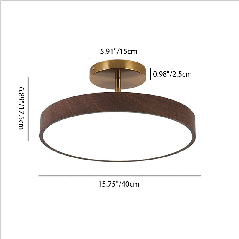 Elegant Japanese Wabi-Sabi Minimalist Wood-Grain Round LED Semi-Flush Mount Ceiling Light