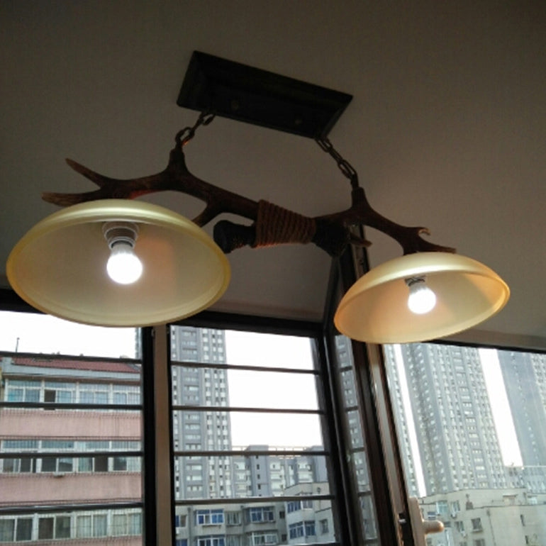 Vintage Resin Antler Chandelier with Glass Bowl Shade – 2-Light Fixture