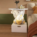 Modern Art Deco Kids Rabbit End Table with 1 Drawer and LED Light — Round Top, Resin-Wood Enamel Finish, Bedroom Nightstand