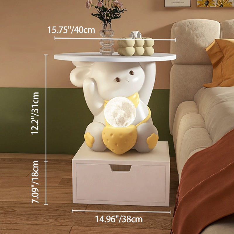 Modern Art Deco Kids Rabbit End Table with 1 Drawer and LED Light — Round Top, Resin-Wood Enamel Finish, Bedroom Nightstand