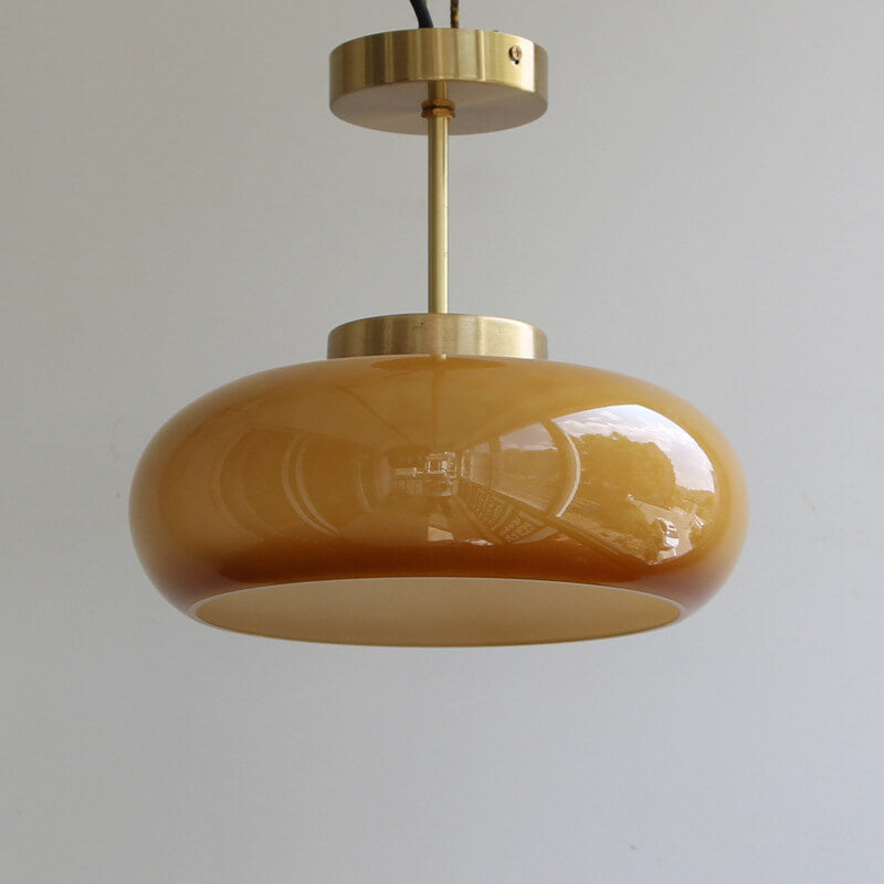 Vintage Brass & Yellow Glass 1-Light Semi-Flush Mount Ceiling Light