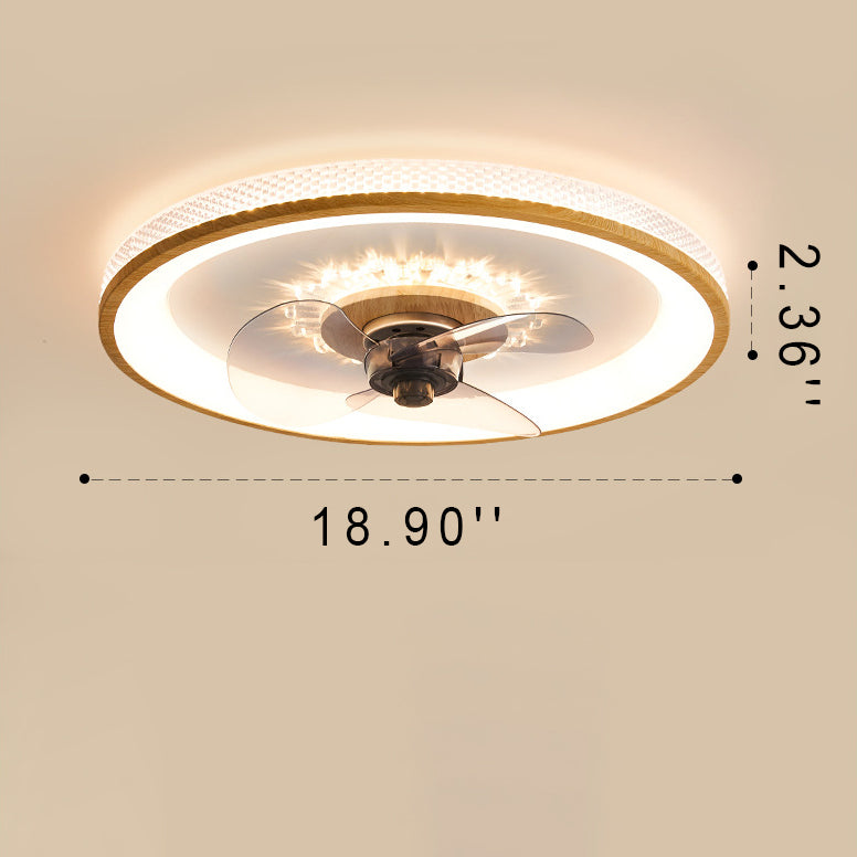 Nordic Minimalist Round LED Flush-Mount Ceiling Fan Light with Wood-Grain Acrylic Finish