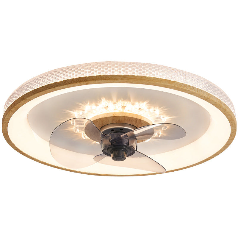 Nordic Minimalist Round LED Flush-Mount Ceiling Fan Light with Wood-Grain Acrylic Finish