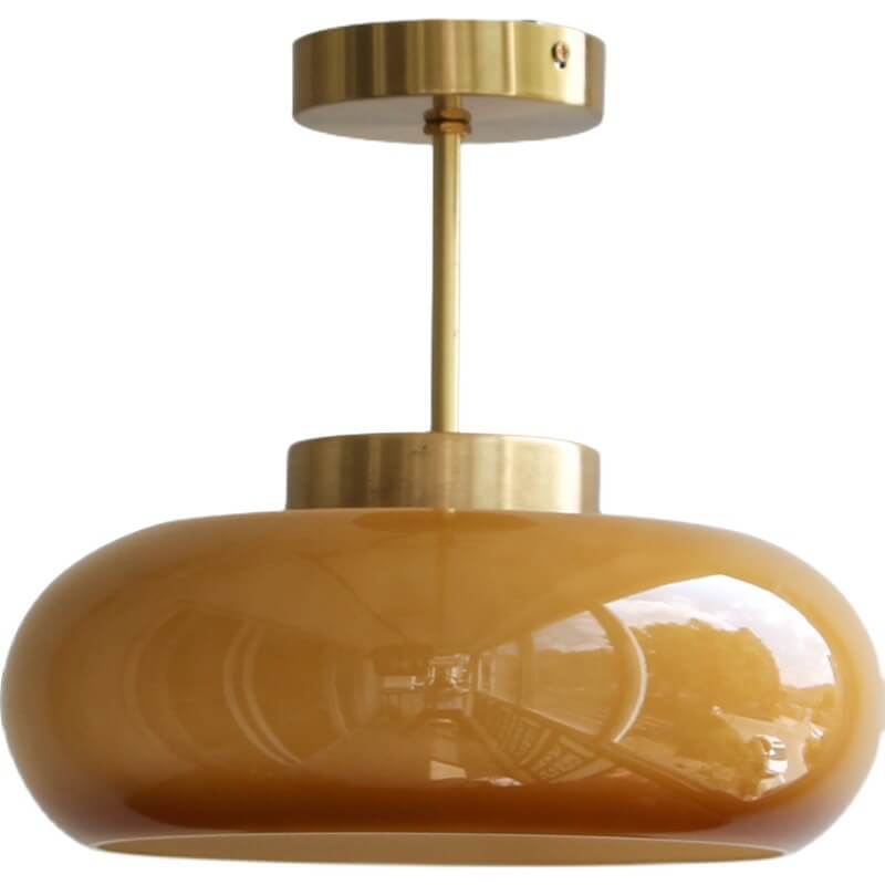 Vintage Brass & Yellow Glass 1-Light Semi-Flush Mount Ceiling Light