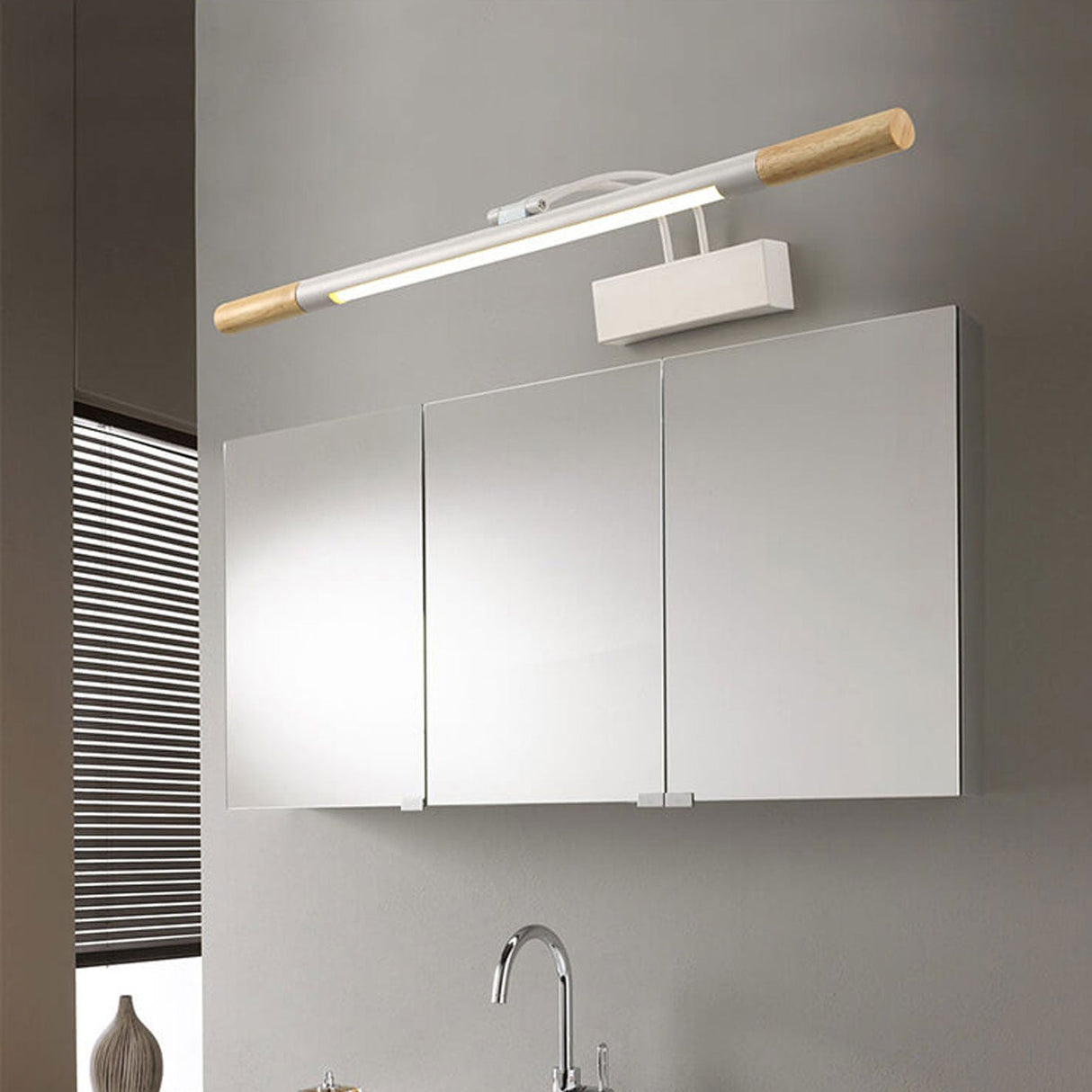 Nordic Solid Wood Vanity Light with Curved Arm — Long LED Wall Sconce