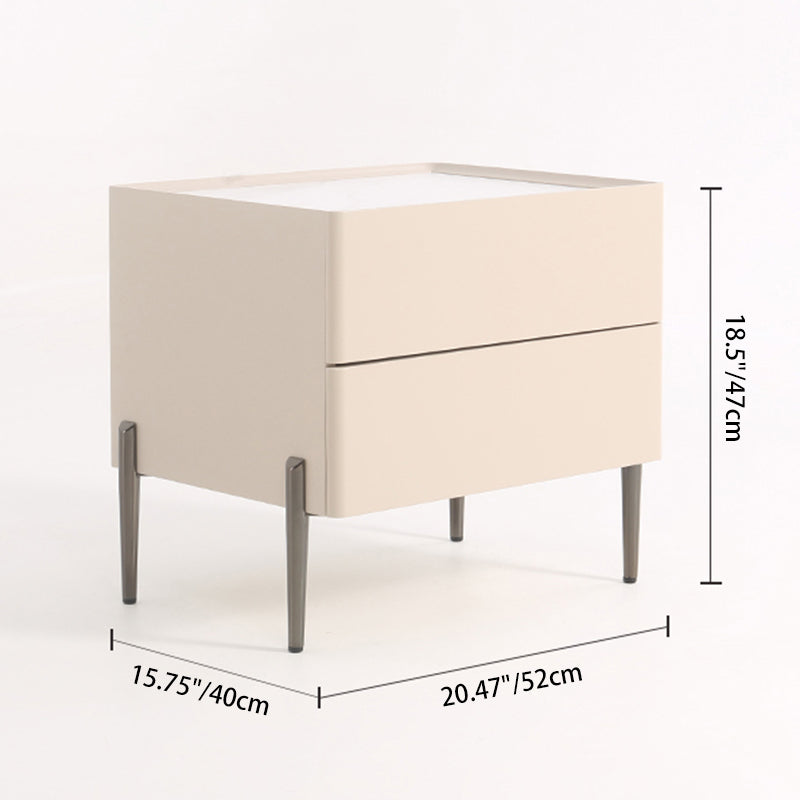 Contemporary Scandinavian 2-Drawer Nightstand in Cream White with Stone Slab Top – Square Bedside Table for Bedroom