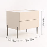 Contemporary Scandinavian 2-Drawer Nightstand in Cream White with Stone Slab Top – Square Bedside Table for Bedroom