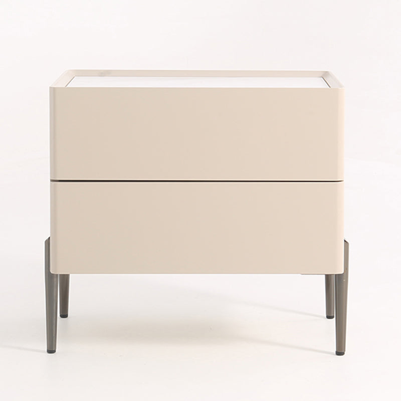 Contemporary Scandinavian 2-Drawer Nightstand in Cream White with Stone Slab Top – Square Bedside Table for Bedroom