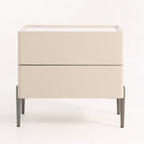 Contemporary Scandinavian 2-Drawer Nightstand in Cream White with Stone Slab Top – Square Bedside Table for Bedroom
