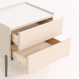 Contemporary Scandinavian 2-Drawer Nightstand in Cream White with Stone Slab Top – Square Bedside Table for Bedroom