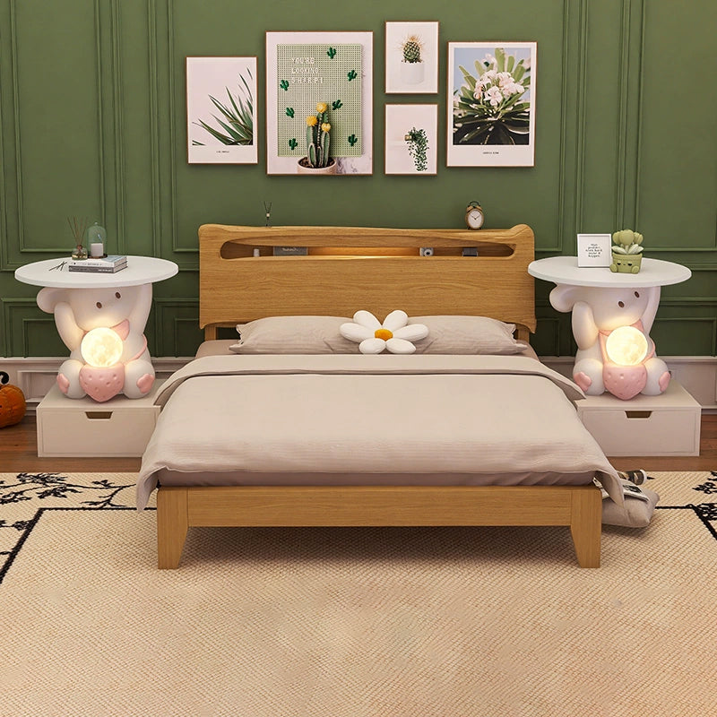 Modern Art Deco Kids Rabbit End Table with 1 Drawer and LED Light — Round Top, Resin-Wood Enamel Finish, Bedroom Nightstand