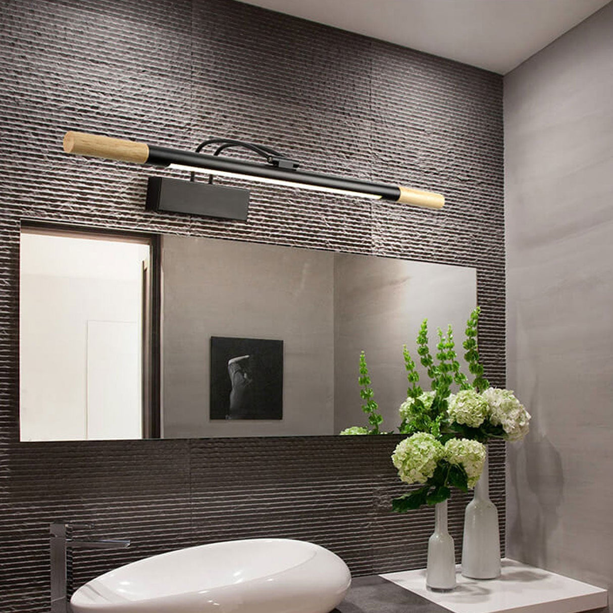 Nordic Solid Wood Vanity Light with Curved Arm — Long LED Wall Sconce