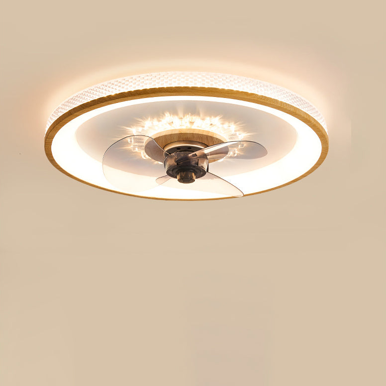 Nordic Minimalist Round LED Flush-Mount Ceiling Fan Light with Wood-Grain Acrylic Finish
