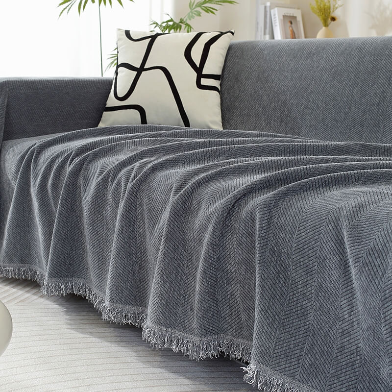 Ultra-Soft Chenille Herringbone Tassel Couch Cover — Plush Sofa Throw Blanket