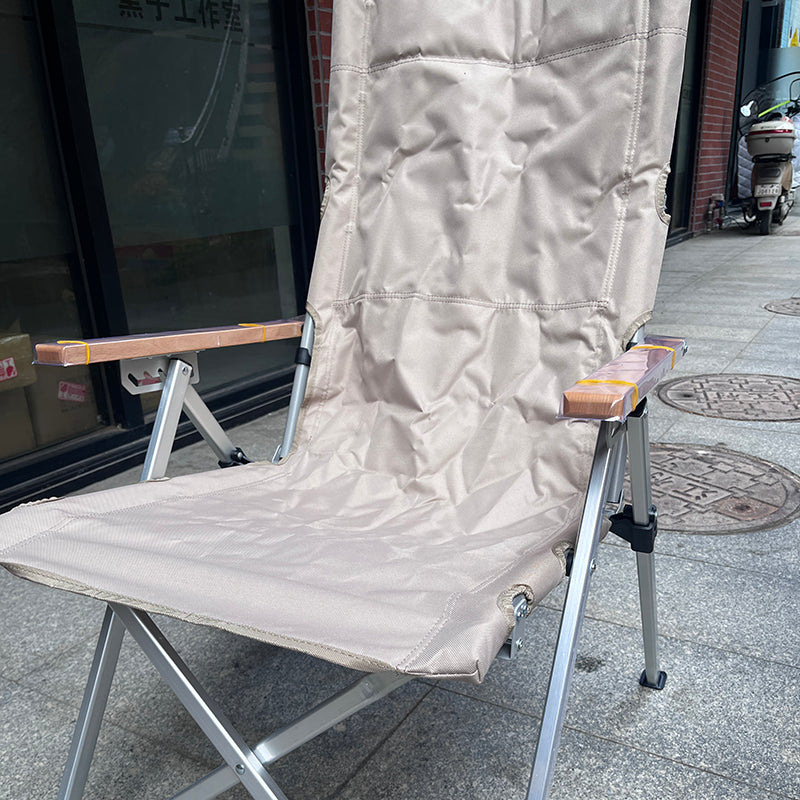 Contemporary Industrial Foldable Camping Chair with Oxford Fabric, Aluminum Alloy and Carbon Steel Frame, Solid Wood Accents, 5-Level Adjustable Backrest for Outdoor Patio
