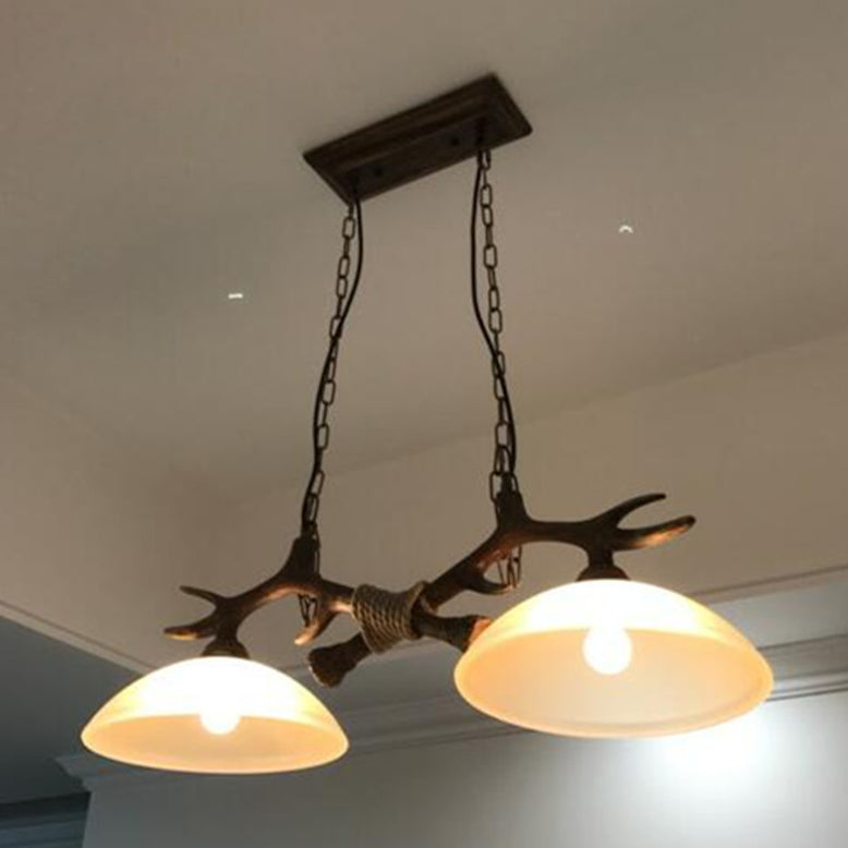 Vintage Resin Antler Chandelier with Glass Bowl Shade – 2-Light Fixture