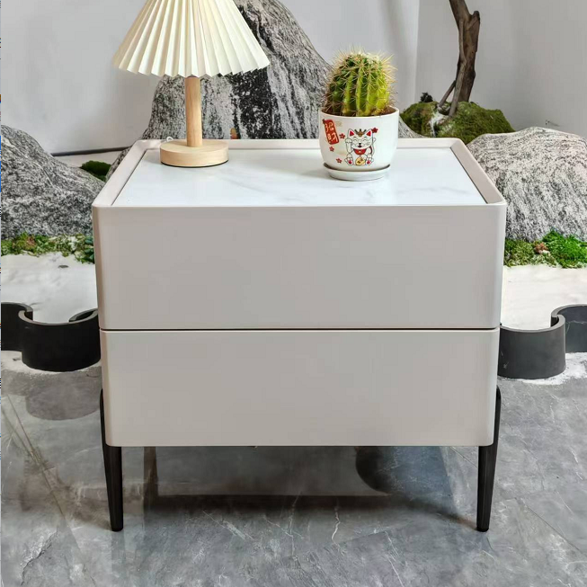 Contemporary Scandinavian 2-Drawer Nightstand in Cream White with Stone Slab Top – Square Bedside Table for Bedroom