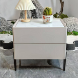 Contemporary Scandinavian 2-Drawer Nightstand in Cream White with Stone Slab Top – Square Bedside Table for Bedroom