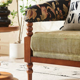 Traditional French-Style Solid Ash Wood Curved Handrail Accent Chair & Table Set in Cotton-Linen Blend for Living Room