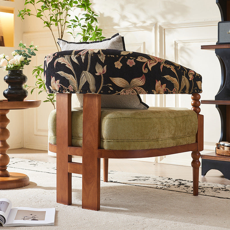 Traditional French-Style Solid Ash Wood Curved Handrail Accent Chair & Table Set in Cotton-Linen Blend for Living Room